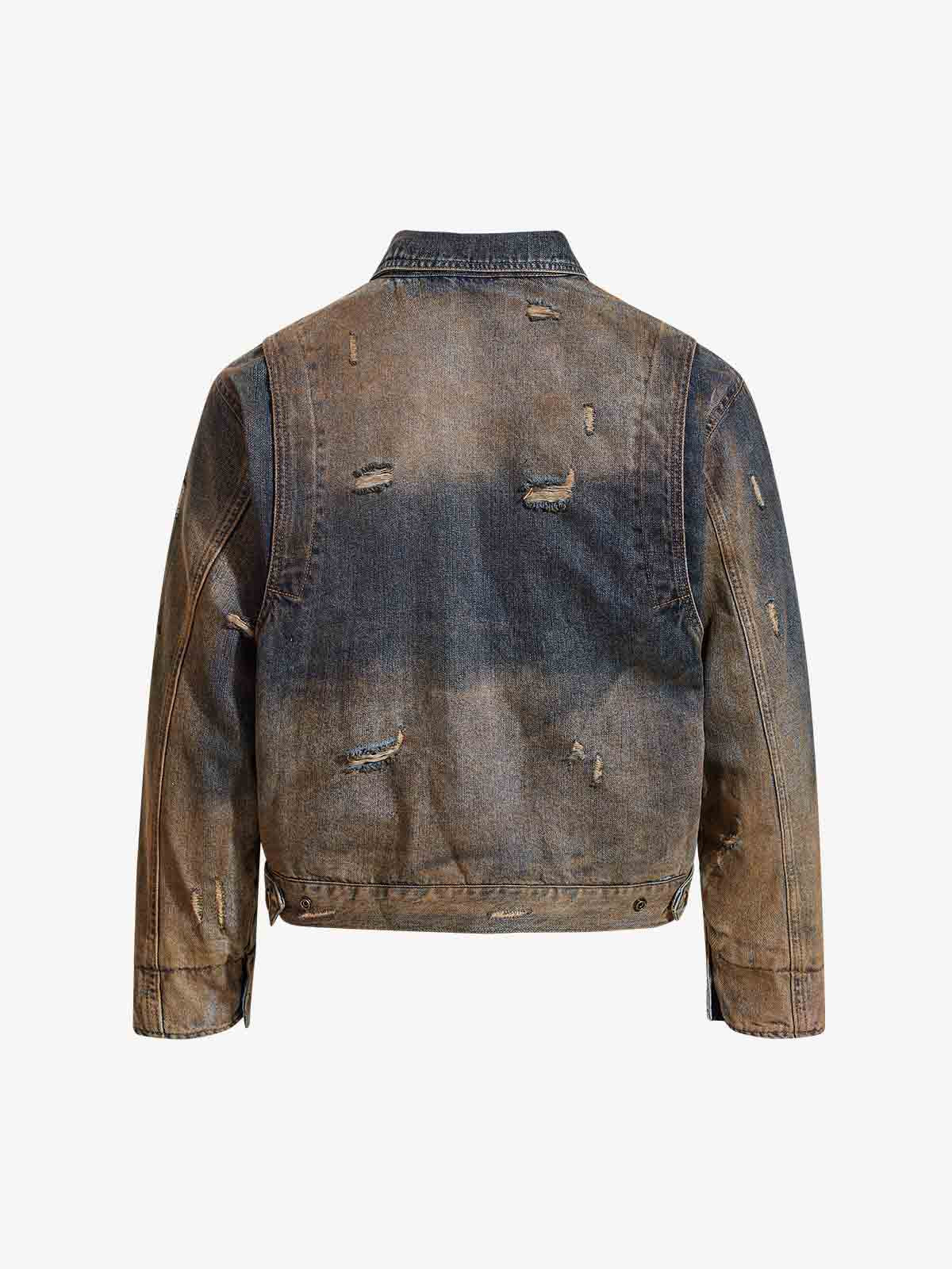 Vintage Washed Distressed Denim Zip Up Jacket - Image 7