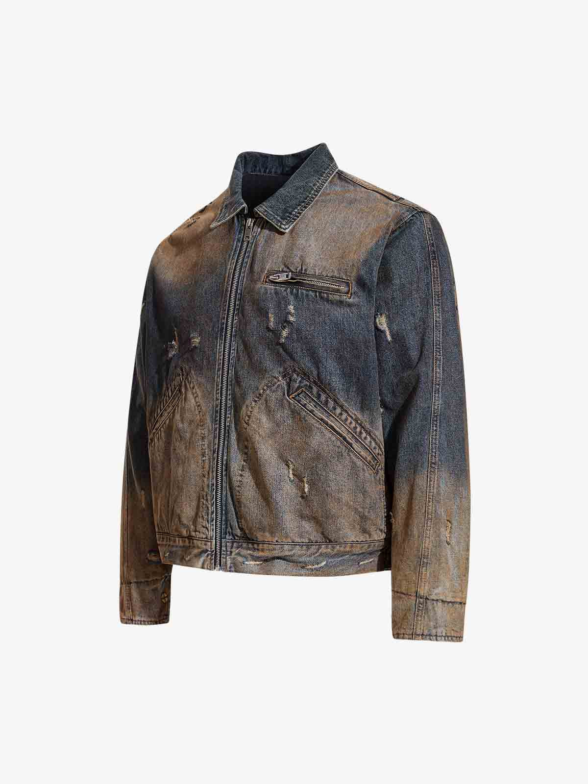 Vintage Washed Distressed Denim Zip Up Jacket - Image 8