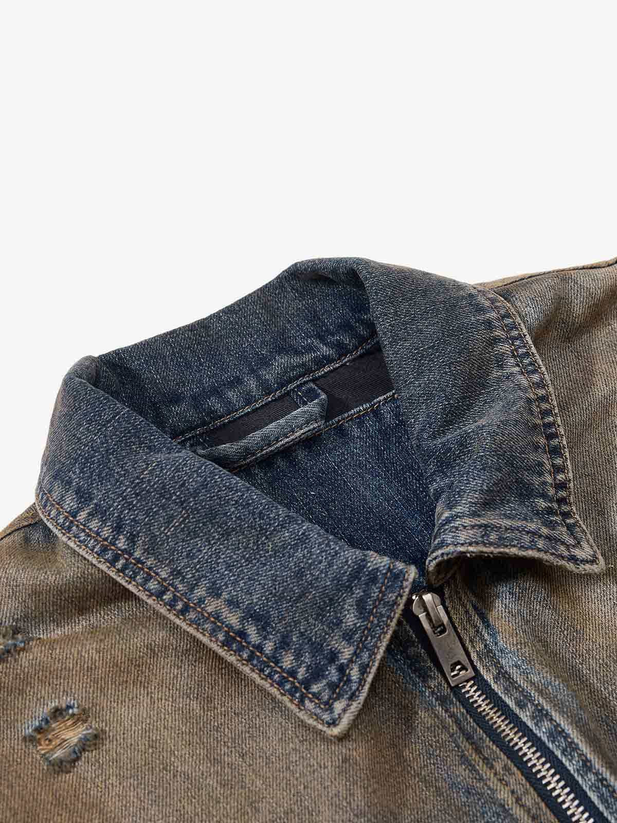 Vintage Washed Distressed Denim Zip Up Jacket - Image 9