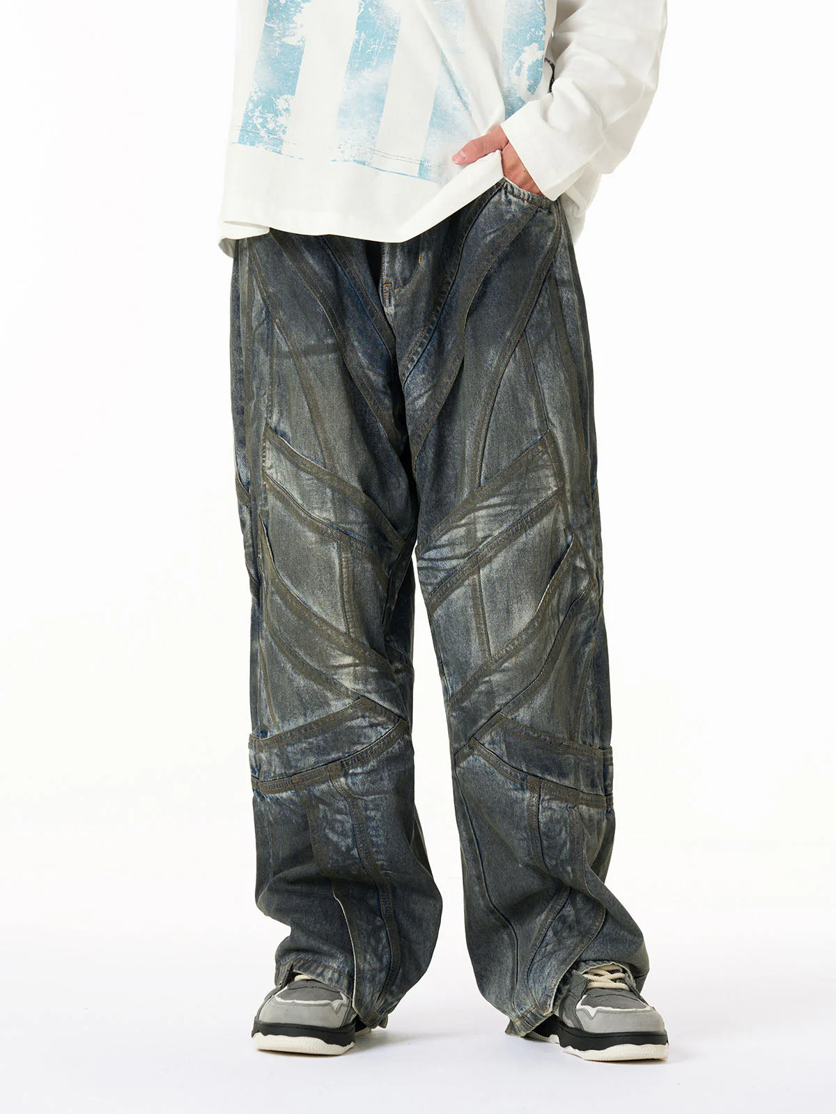 Vintage Washed Distressed Multi-Structure Patchwork Jeans - Image 3