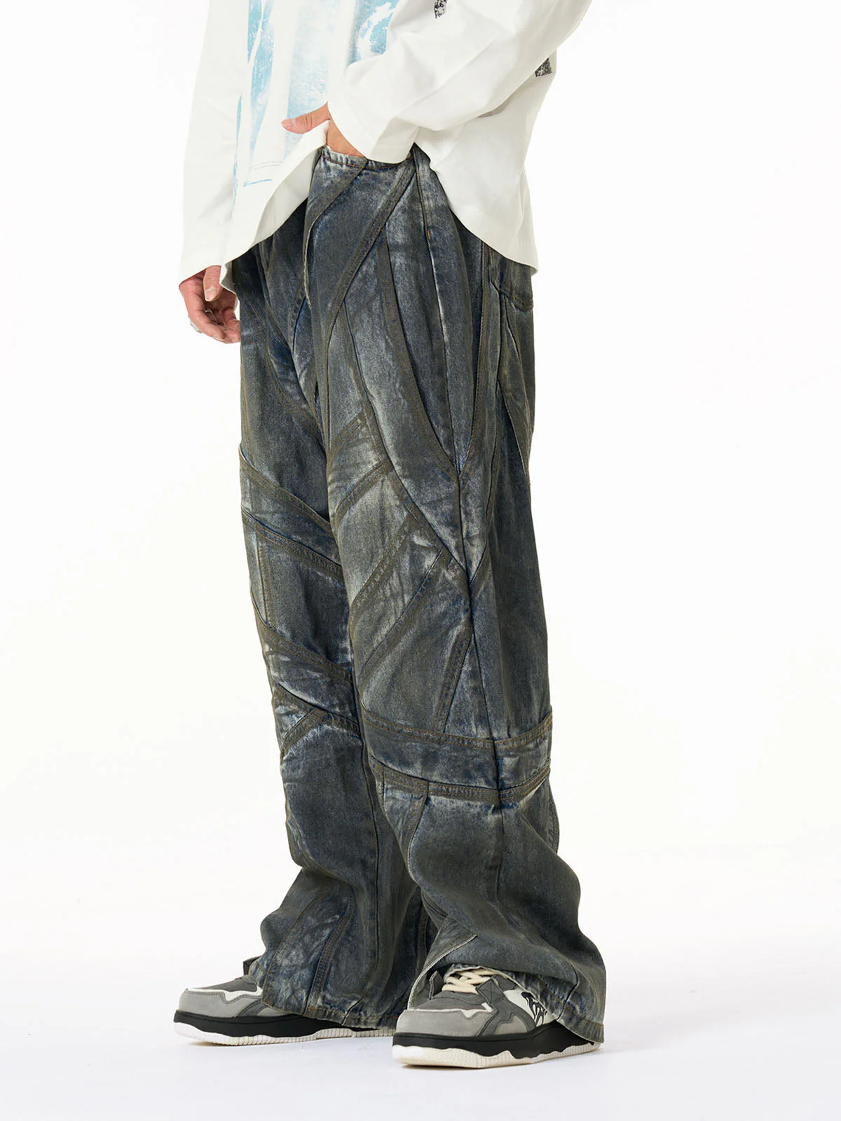 Vintage Washed Distressed Multi-Structure Patchwork Jeans - Image 4