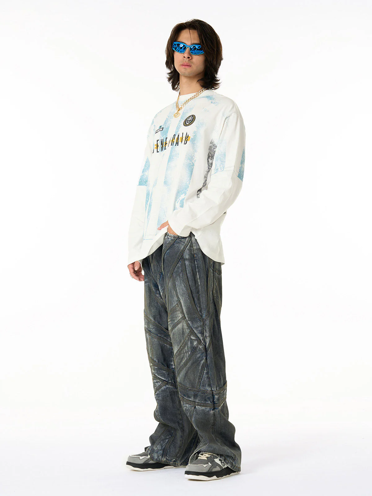 Vintage Washed Distressed Multi-Structure Patchwork Jeans - Image 7