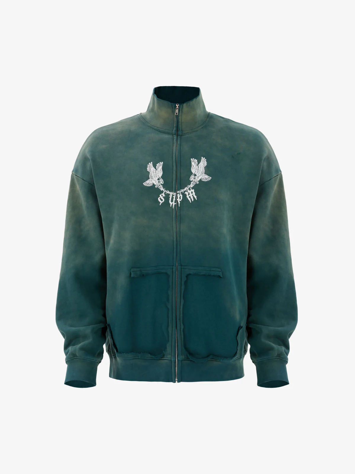 Vintage Washed Gradient Eagle Embroidery Distressed Stand Collar Sweatshirt