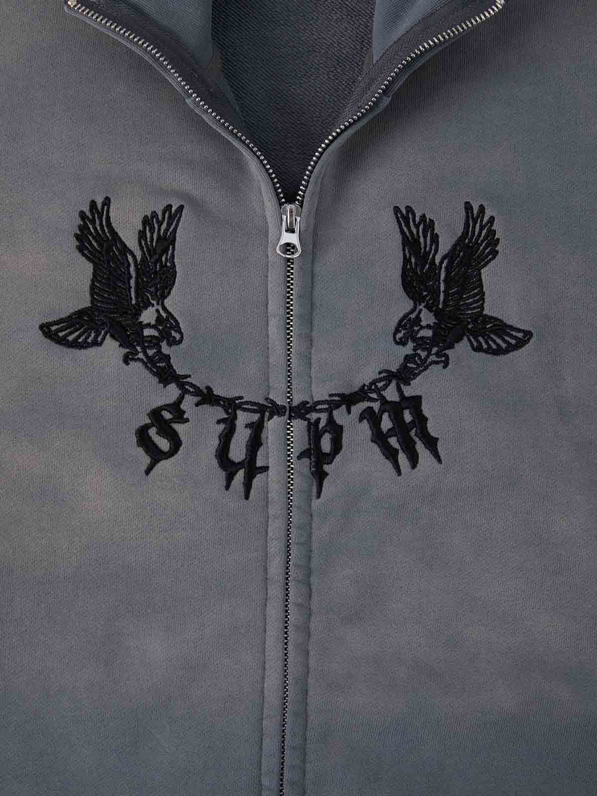 Vintage Washed Gradient Eagle Embroidery Distressed Stand Collar Sweatshirt - Image 13