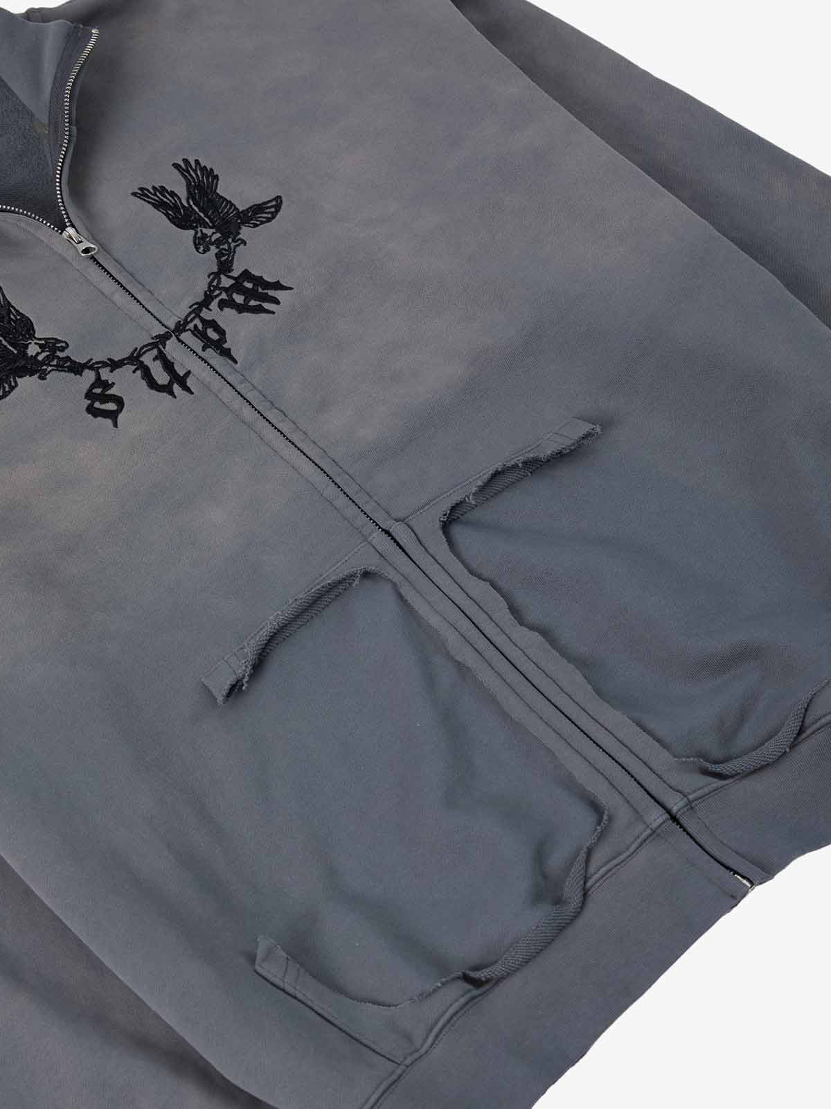 Vintage Washed Gradient Eagle Embroidery Distressed Stand Collar Sweatshirt - Image 14