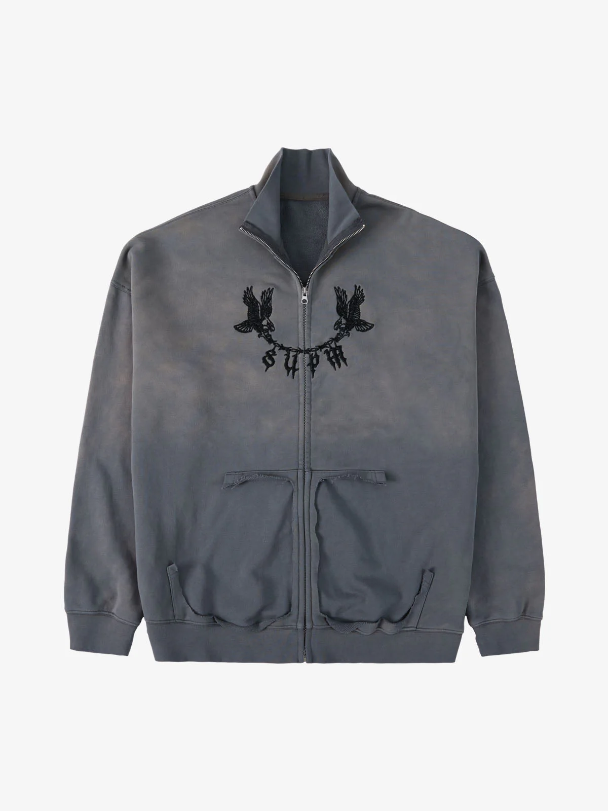 Vintage Washed Gradient Eagle Embroidery Distressed Stand Collar Sweatshirt - Image 2