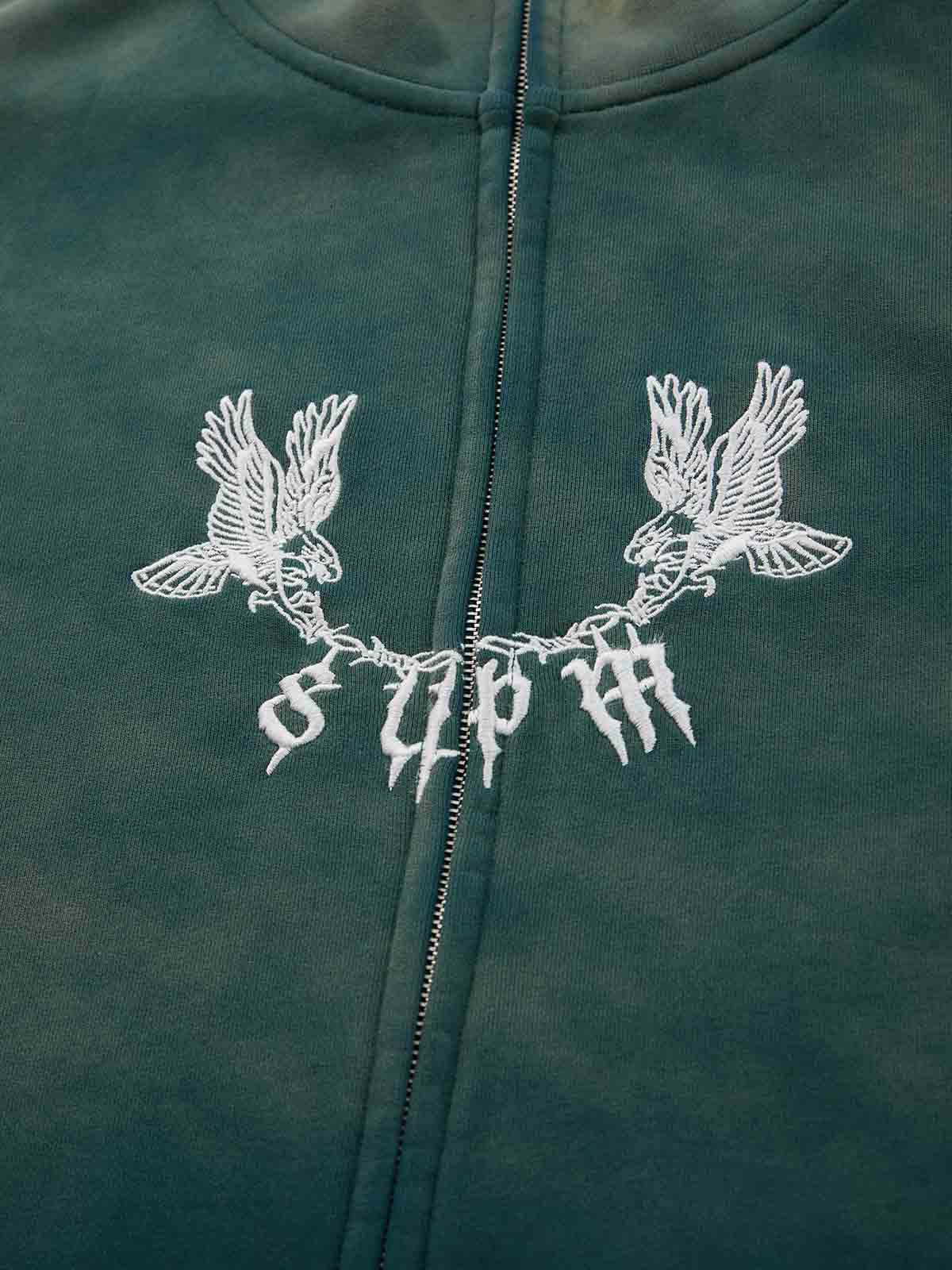 Vintage Washed Gradient Eagle Embroidery Distressed Stand Collar Sweatshirt - Image 9