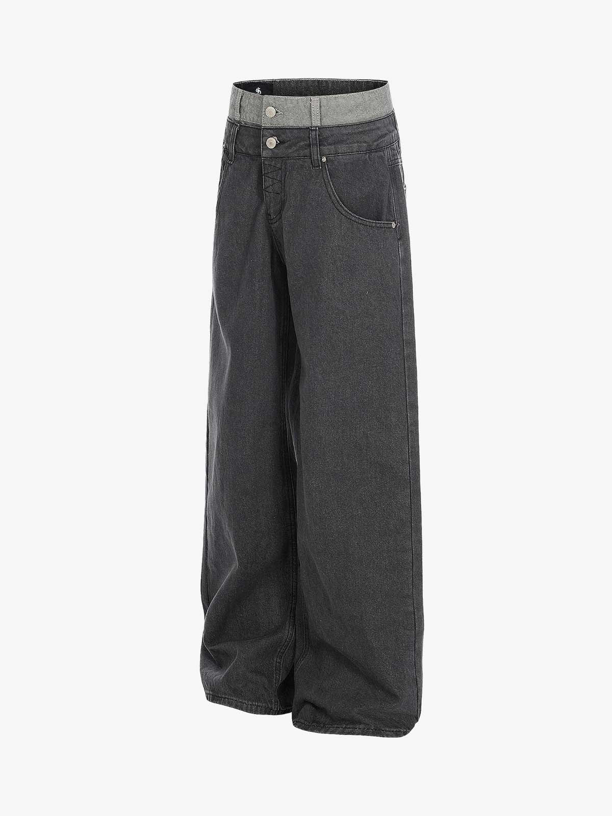 Vintage Washed Layered Waist Wide Leg Denim Jeans - Image 3