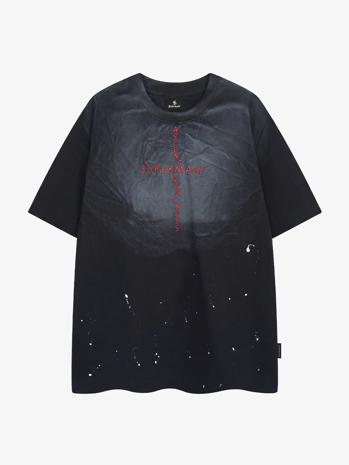 Vintage Washed Letter Cross Embroidered Splatter T-Shirt