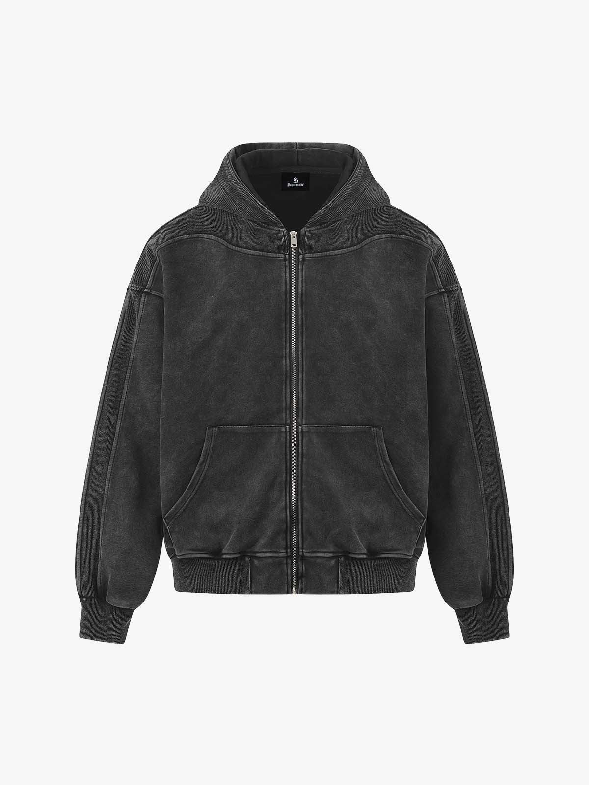 Vintage Washed Panel Construction Zip-Up Hoodie - Image 2