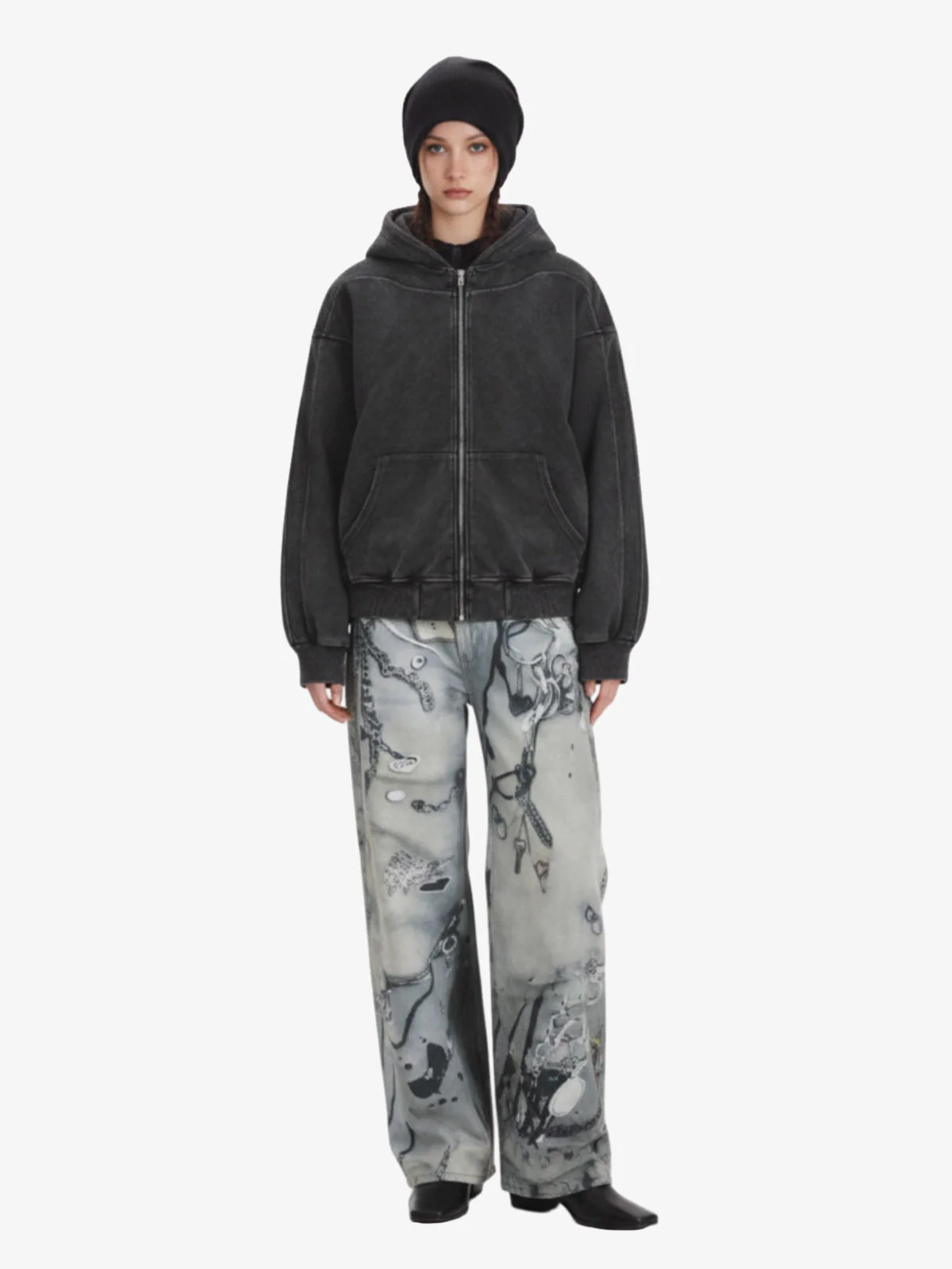 Vintage Washed Panel Construction Zip-Up Hoodie - Image 4