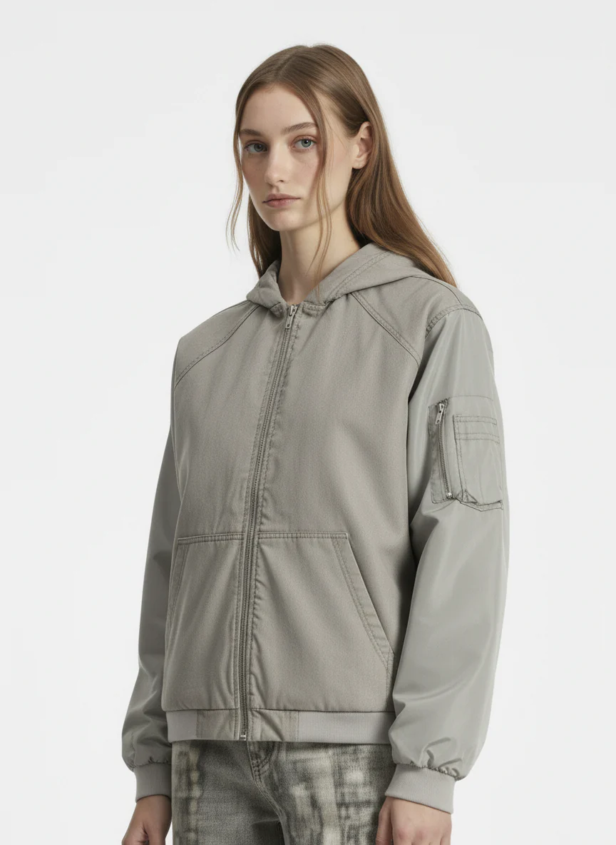 Vintage Washed Pleated Patchwork Hooded Bomber Jacket - Image 3