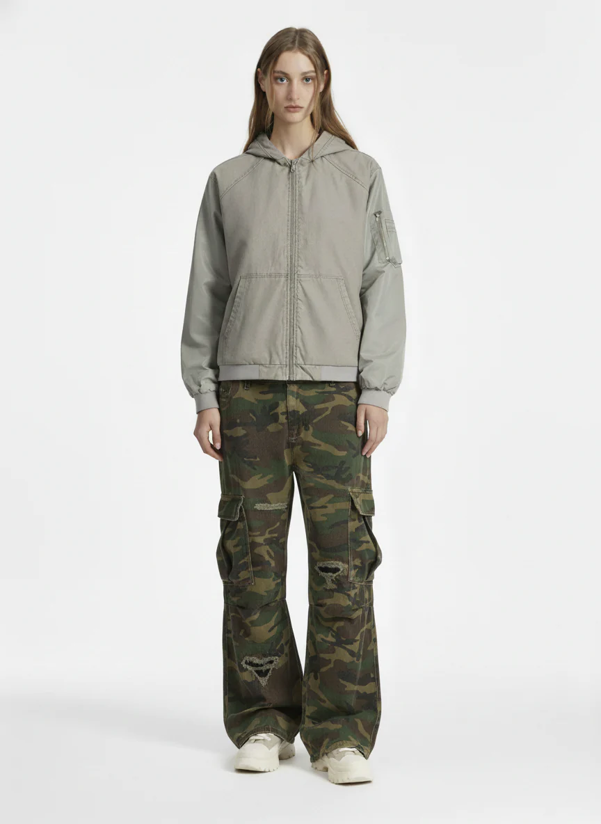Vintage Washed Pleated Patchwork Hooded Bomber Jacket - Image 5