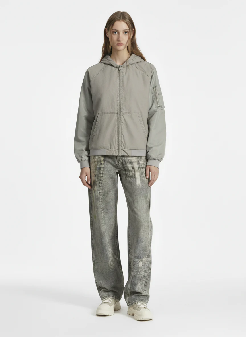 Vintage Washed Pleated Patchwork Hooded Bomber Jacket - Image 6