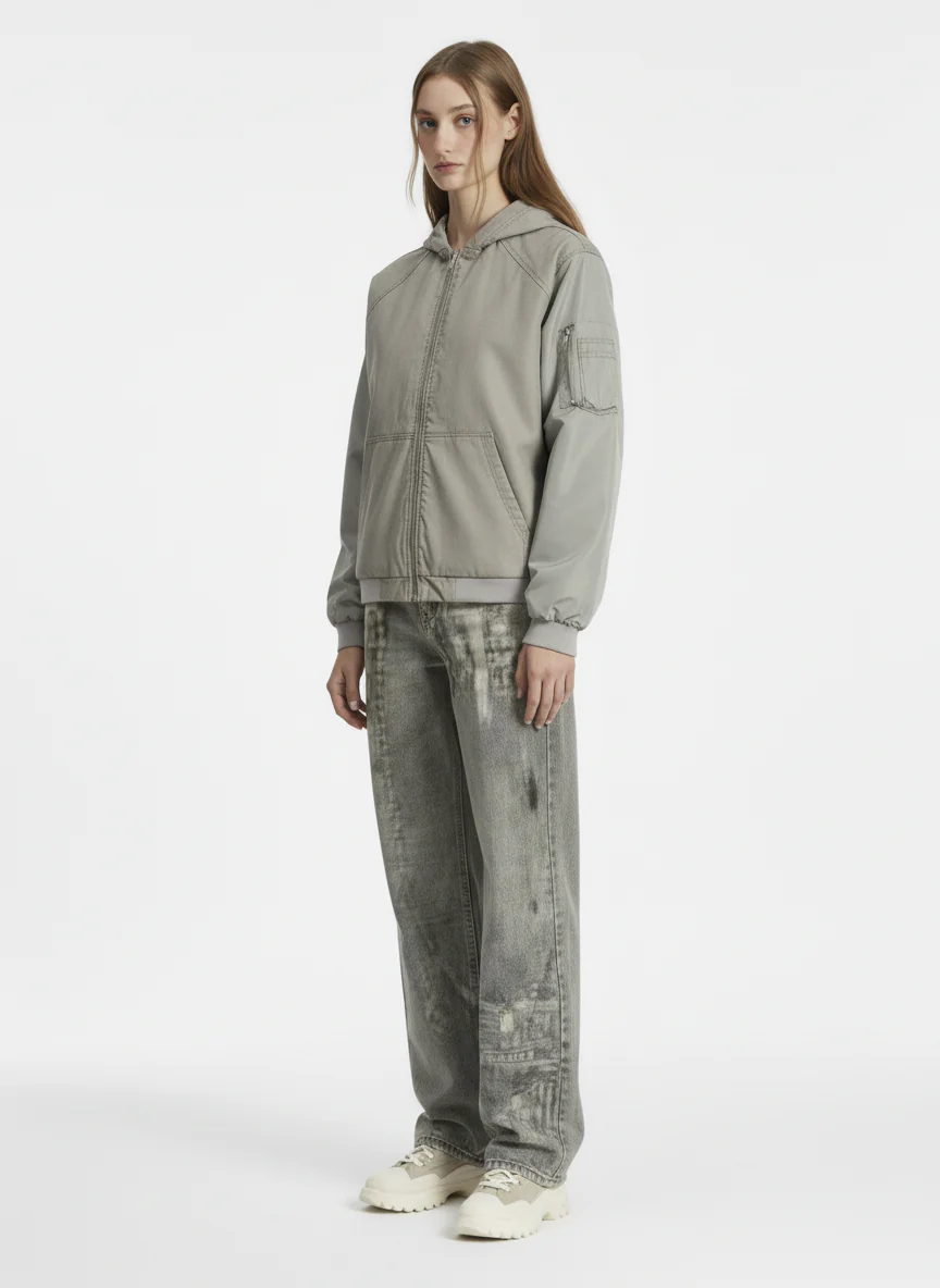 Vintage Washed Pleated Patchwork Hooded Bomber Jacket - Image 7
