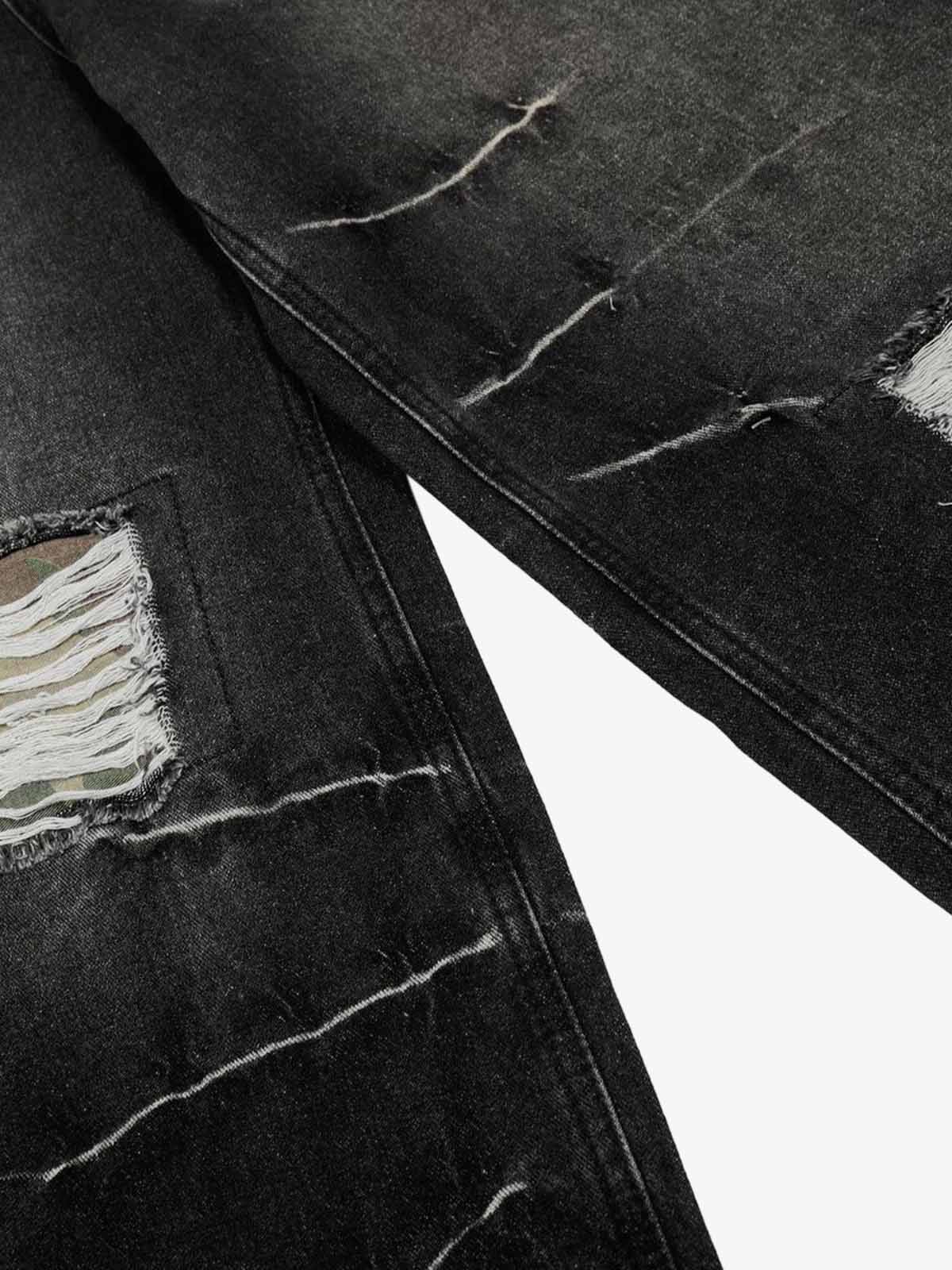Vintage Washed Ripped Camouflage Patchwork Jeans - Image 4