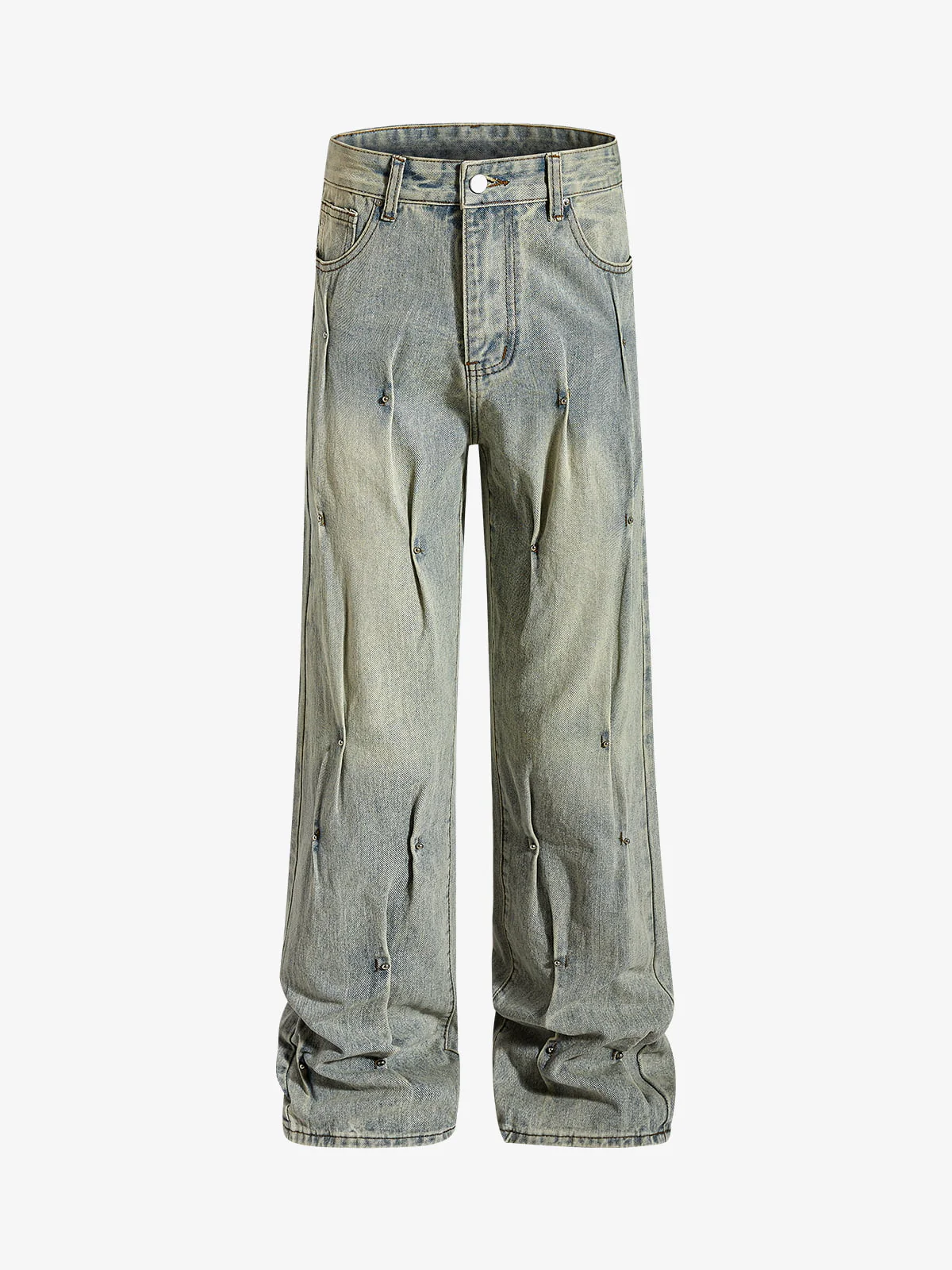 Vintage Washed Rivet-Detailed Wide Leg Jeans