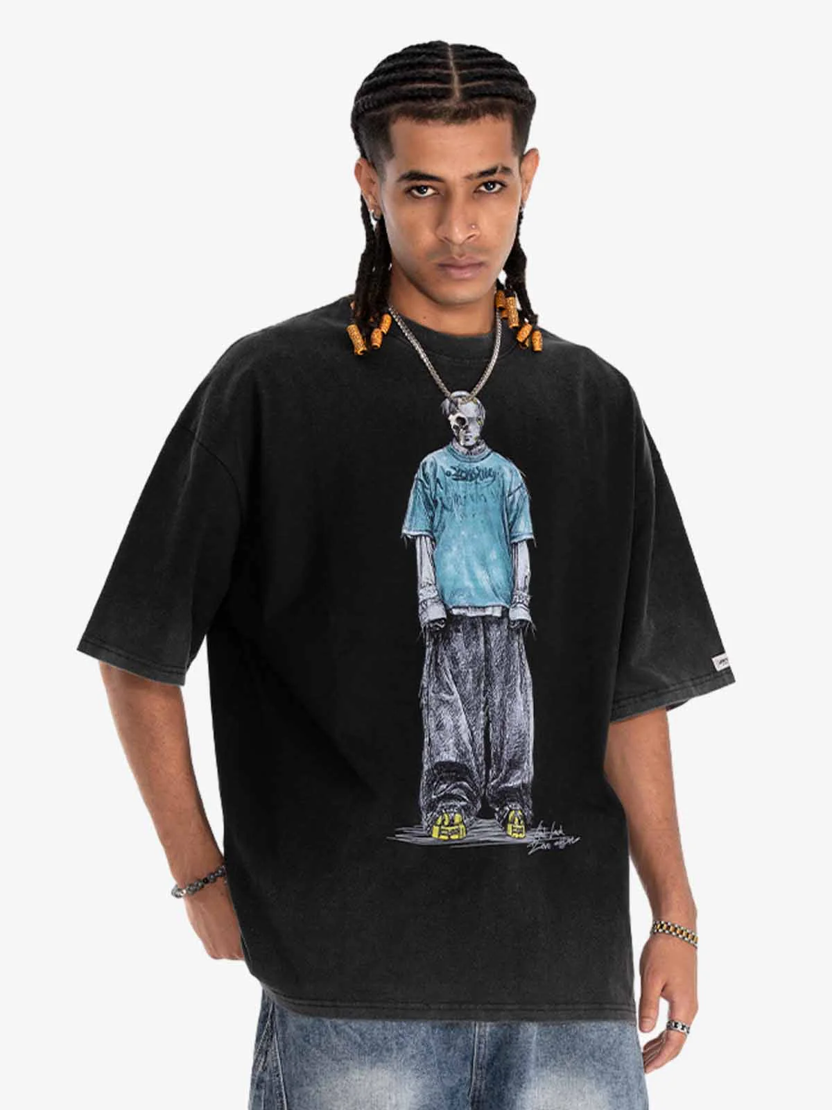 Vintage Washed Skeleton Graphic Oversized T-Shirt - Image 7