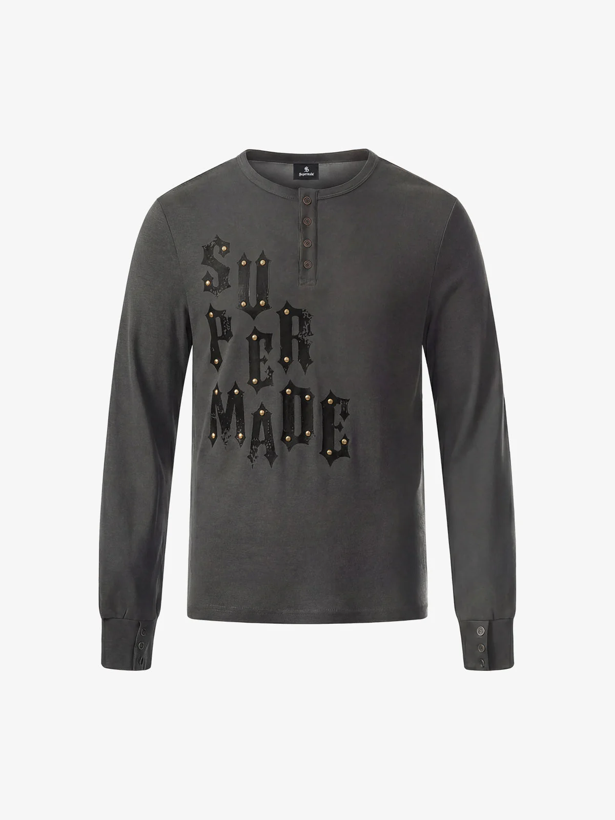 Vintage Washed Studded Gothic Letter Cotton Henley Shirt