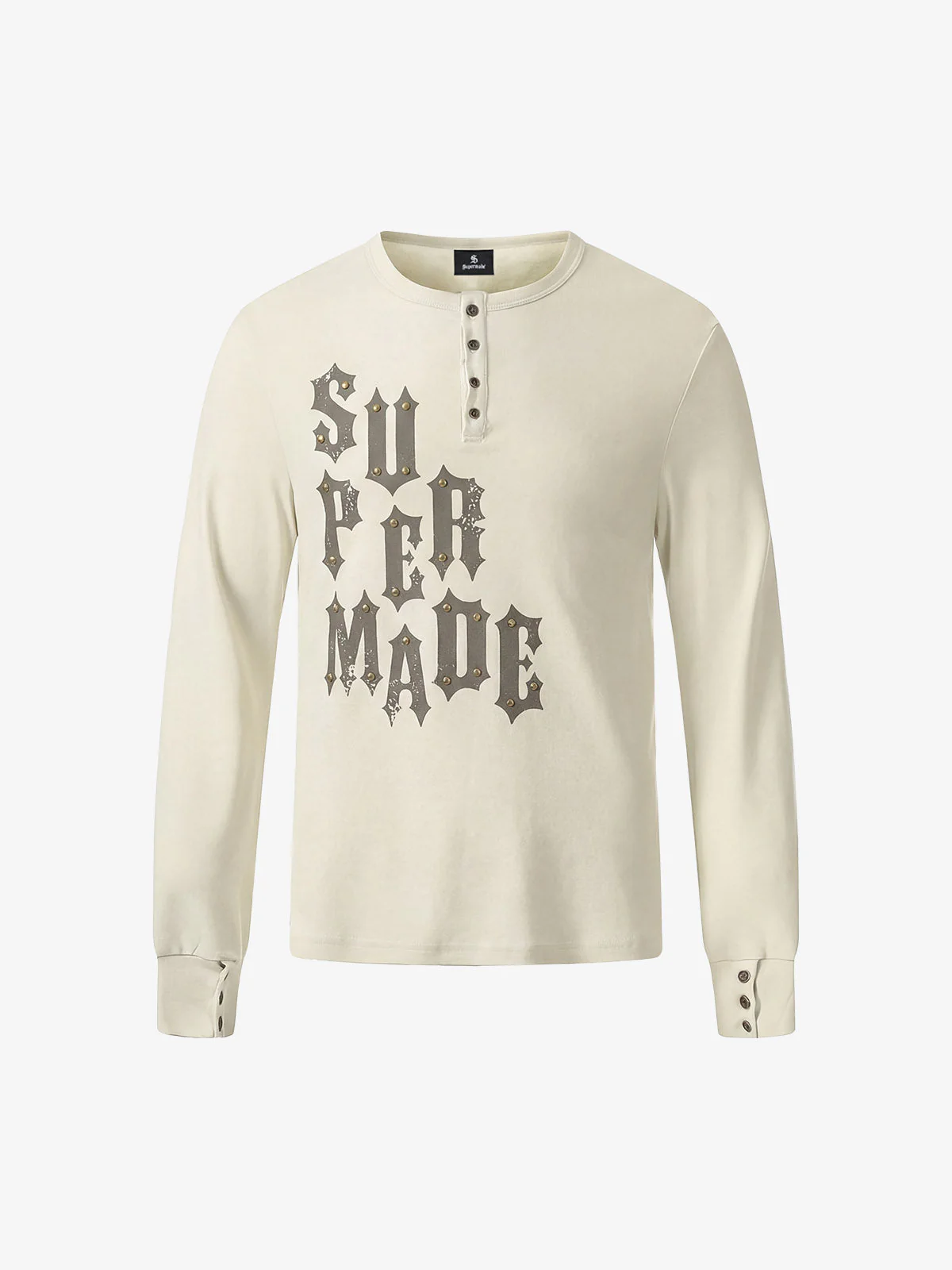 Vintage Washed Studded Gothic Letter Cotton Henley Shirt - Image 2