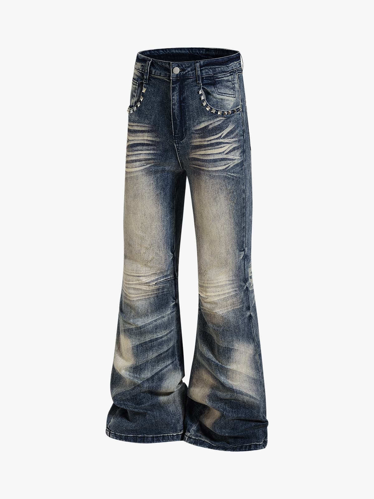 Vintage Washed Studded Pocket Flared Jeans