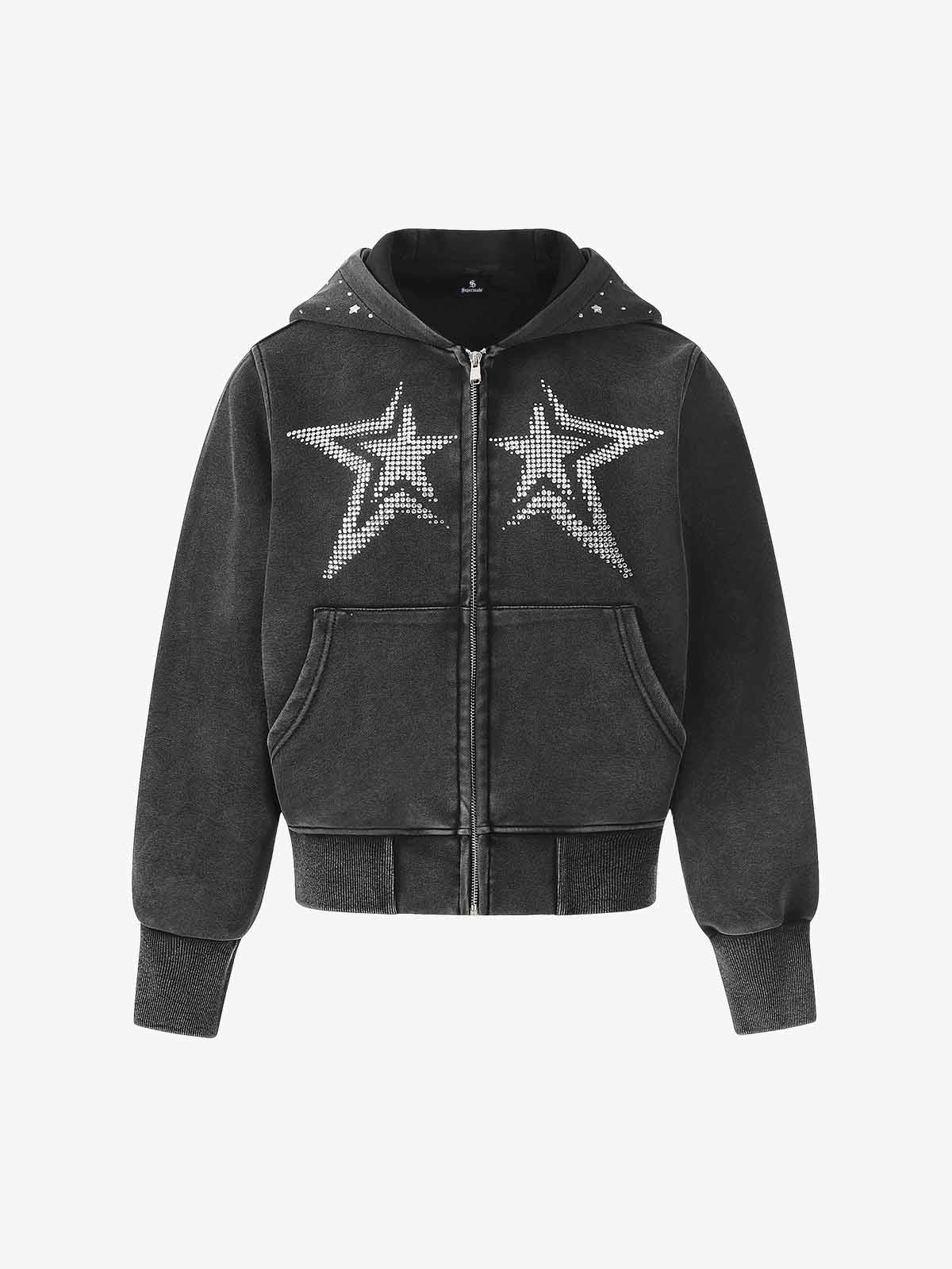 Vintage Washed Symmetrical Star Rhinestone Zip-Up Hoodie - Image 2