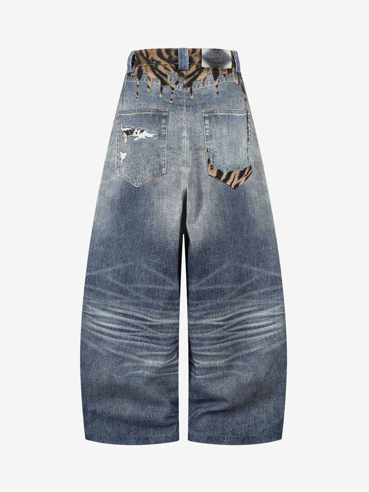 Vintage Washed Tiger Print Wide Leg Denim Jeans - Image 2