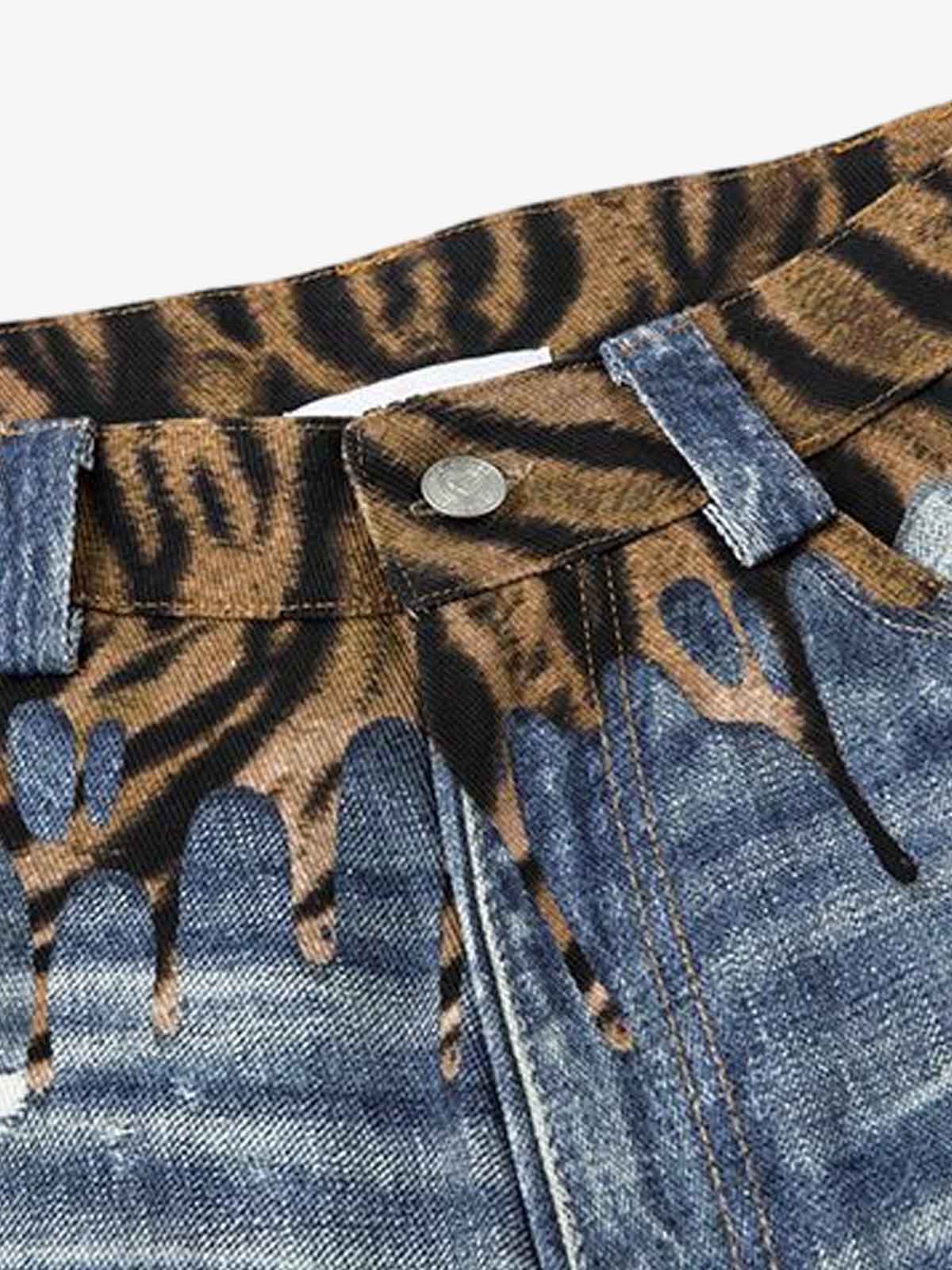 Vintage Washed Tiger Print Wide Leg Denim Jeans - Image 3