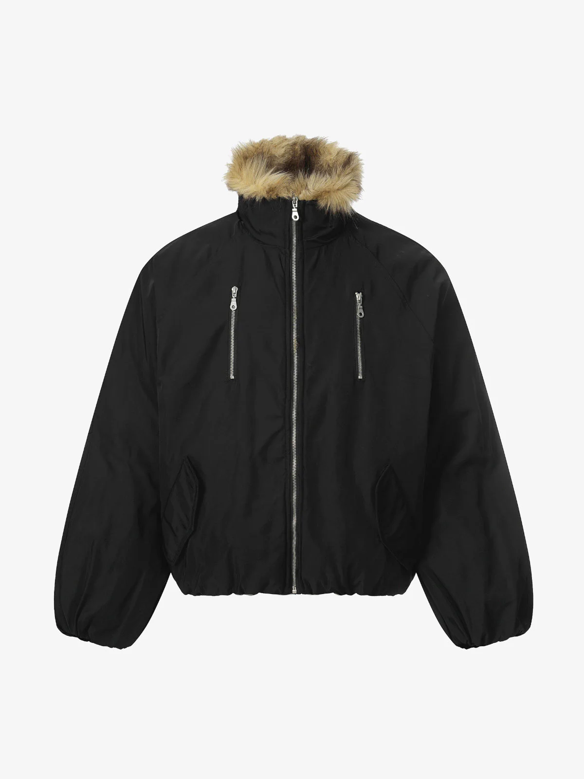 Vintage Zipper Design Fur Stand Collar Bomber Jacket - Image 2