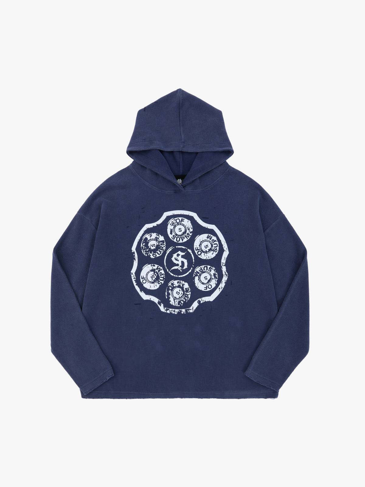 Waffle-Knit Distressed Button-Pattern Hoodie