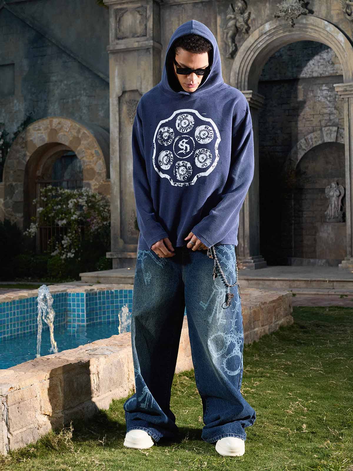 Waffle-Knit Distressed Button-Pattern Hoodie - Image 3