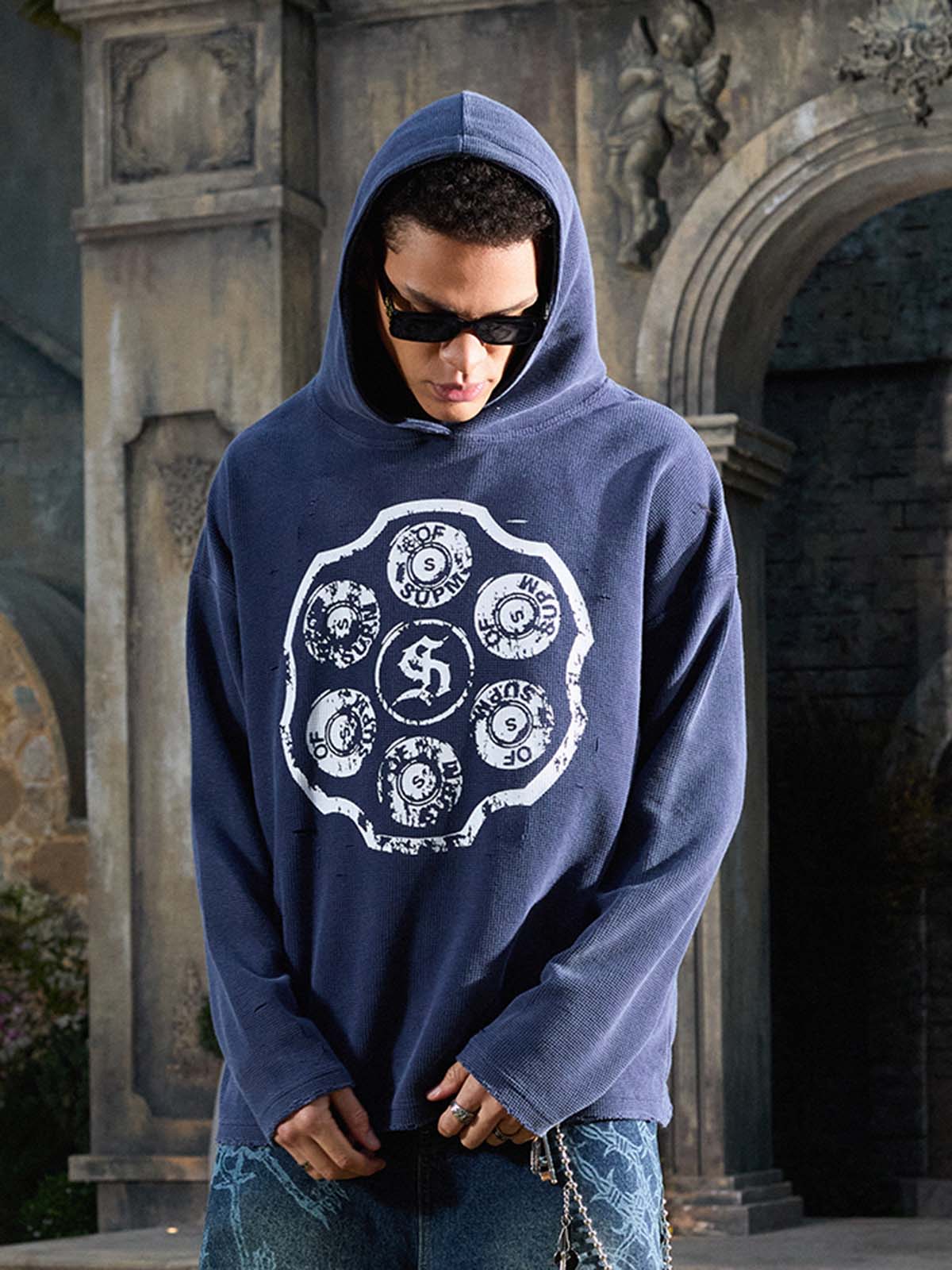 Waffle-Knit Distressed Button-Pattern Hoodie - Image 5
