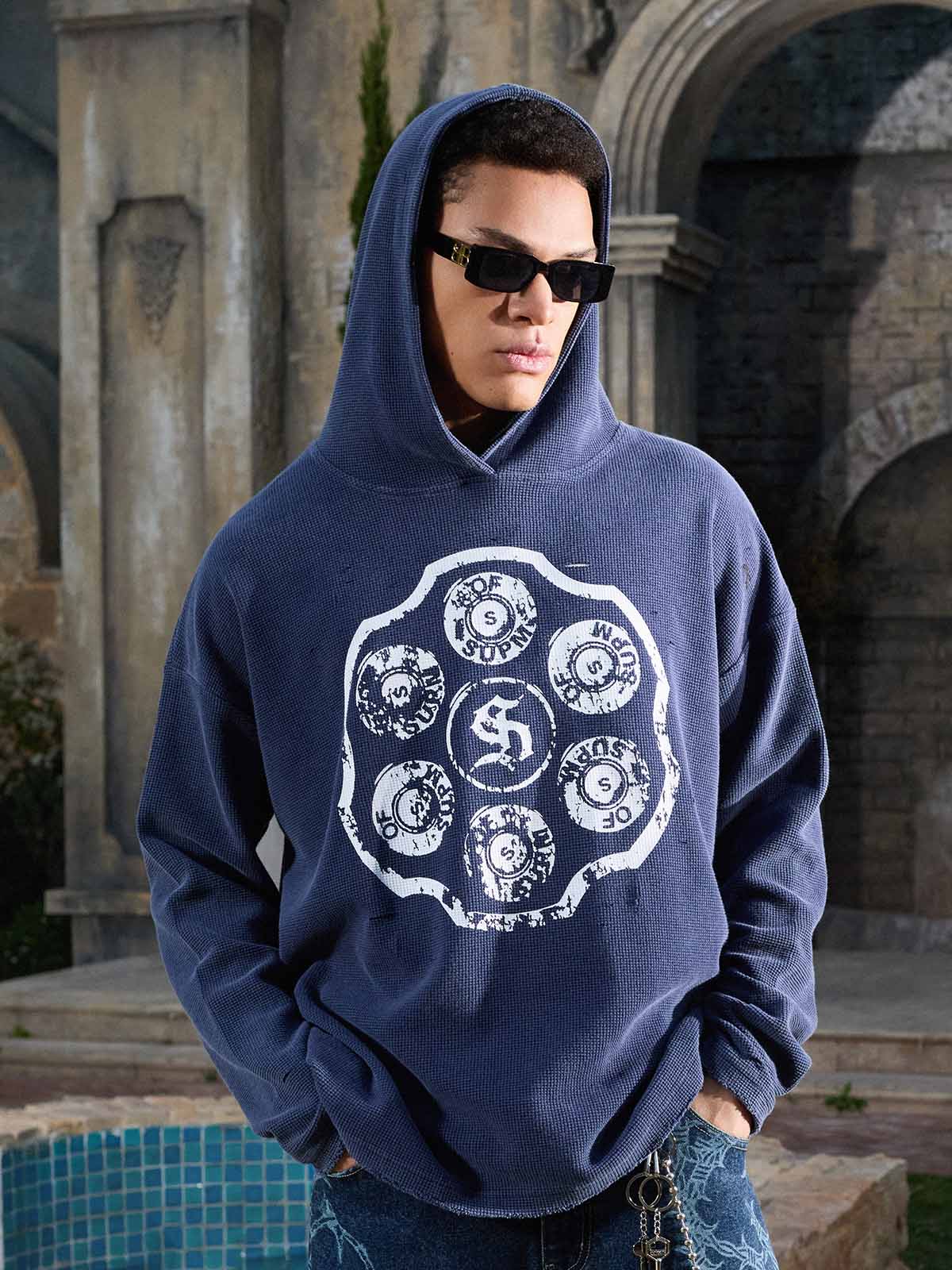 Waffle-Knit Distressed Button-Pattern Hoodie - Image 6
