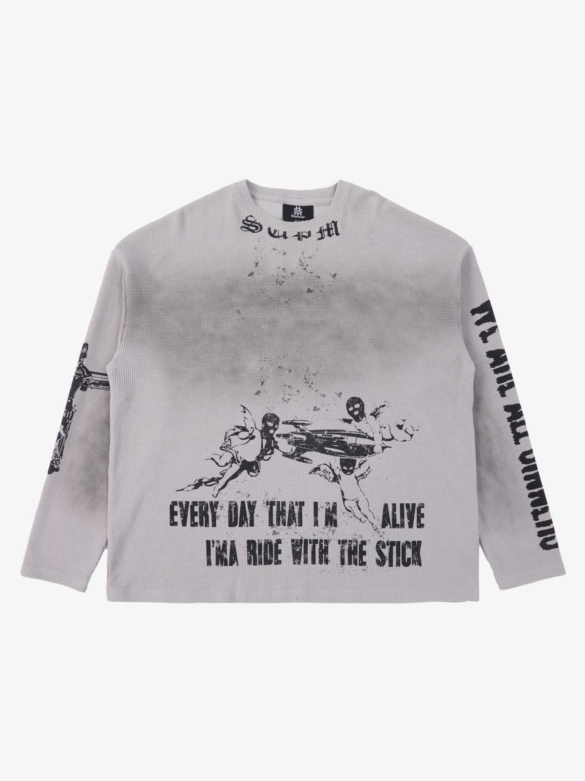Waffle-Knit Distressed Gradient Print Long T-Shirt - Image 2