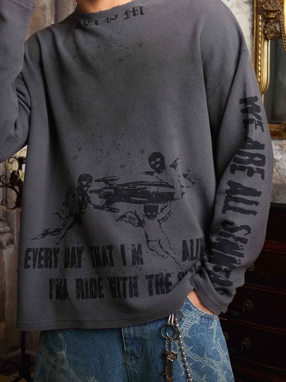Waffle-Knit Distressed Gradient Print Long T-Shirt - Image 7