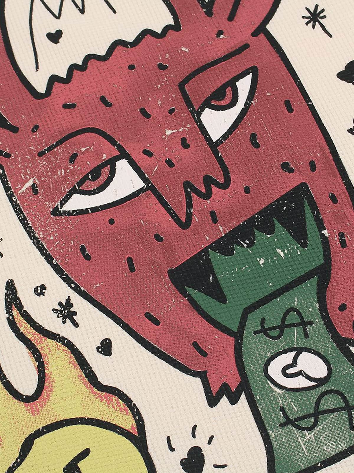 Waffle Knit Graffiti Devil Graphic Oversized T-Shirt - Image 7