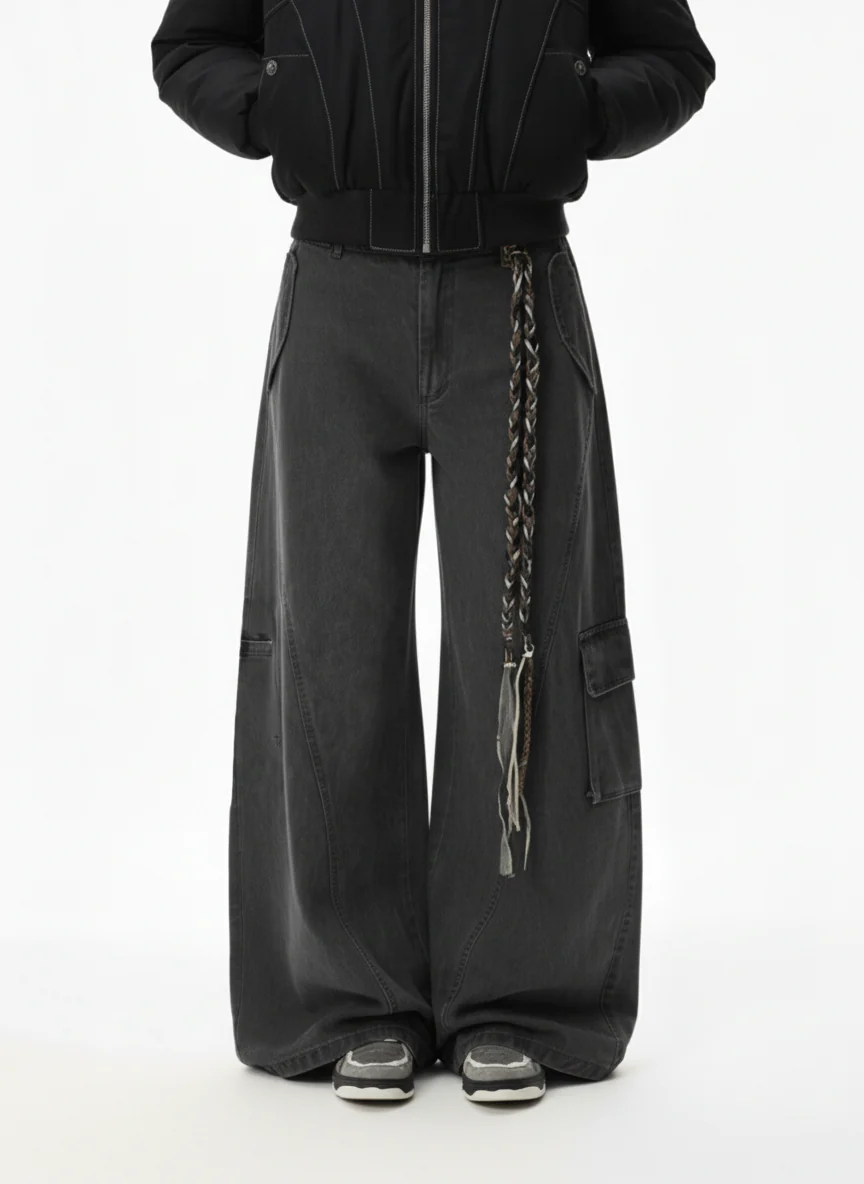 Washed Cargo Webbing Barrel Pants