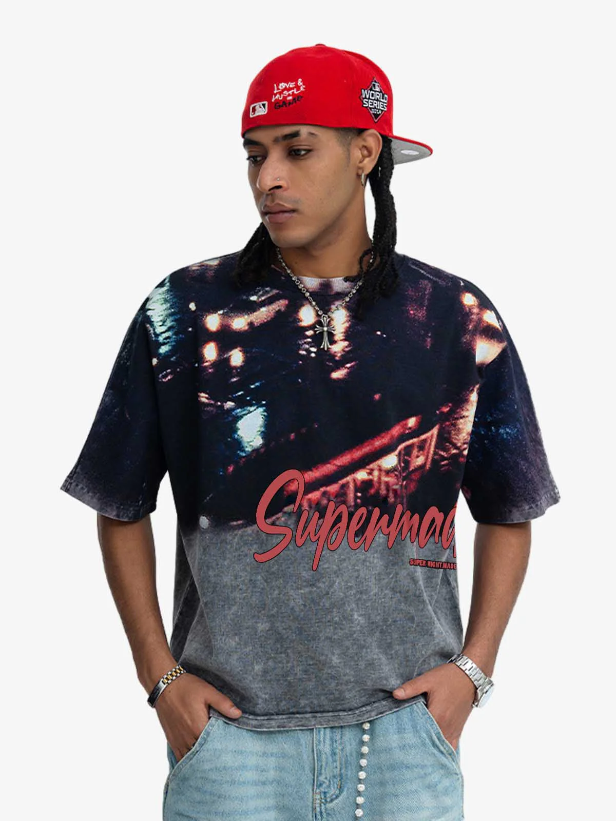 Washed City Night Photo Print Oversized T-Shirt