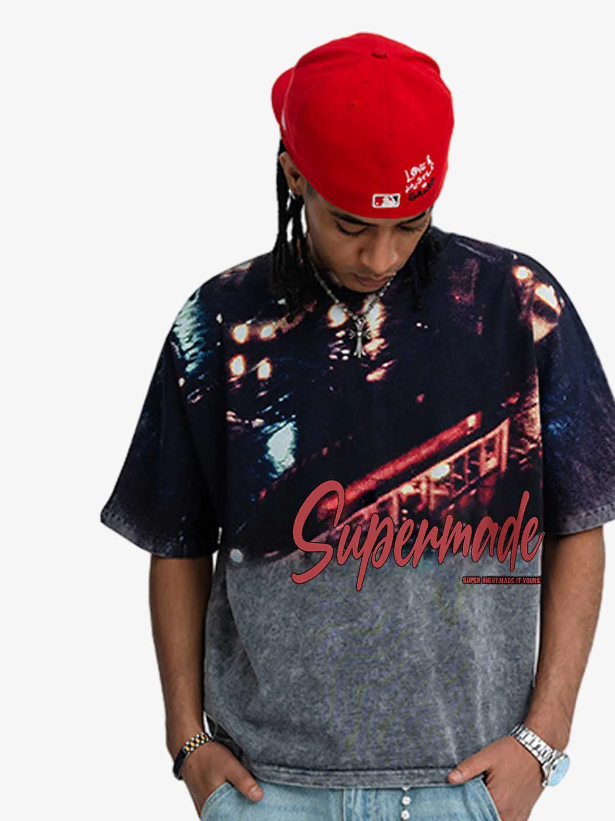 Washed City Night Photo Print Oversized T-Shirt - Image 4
