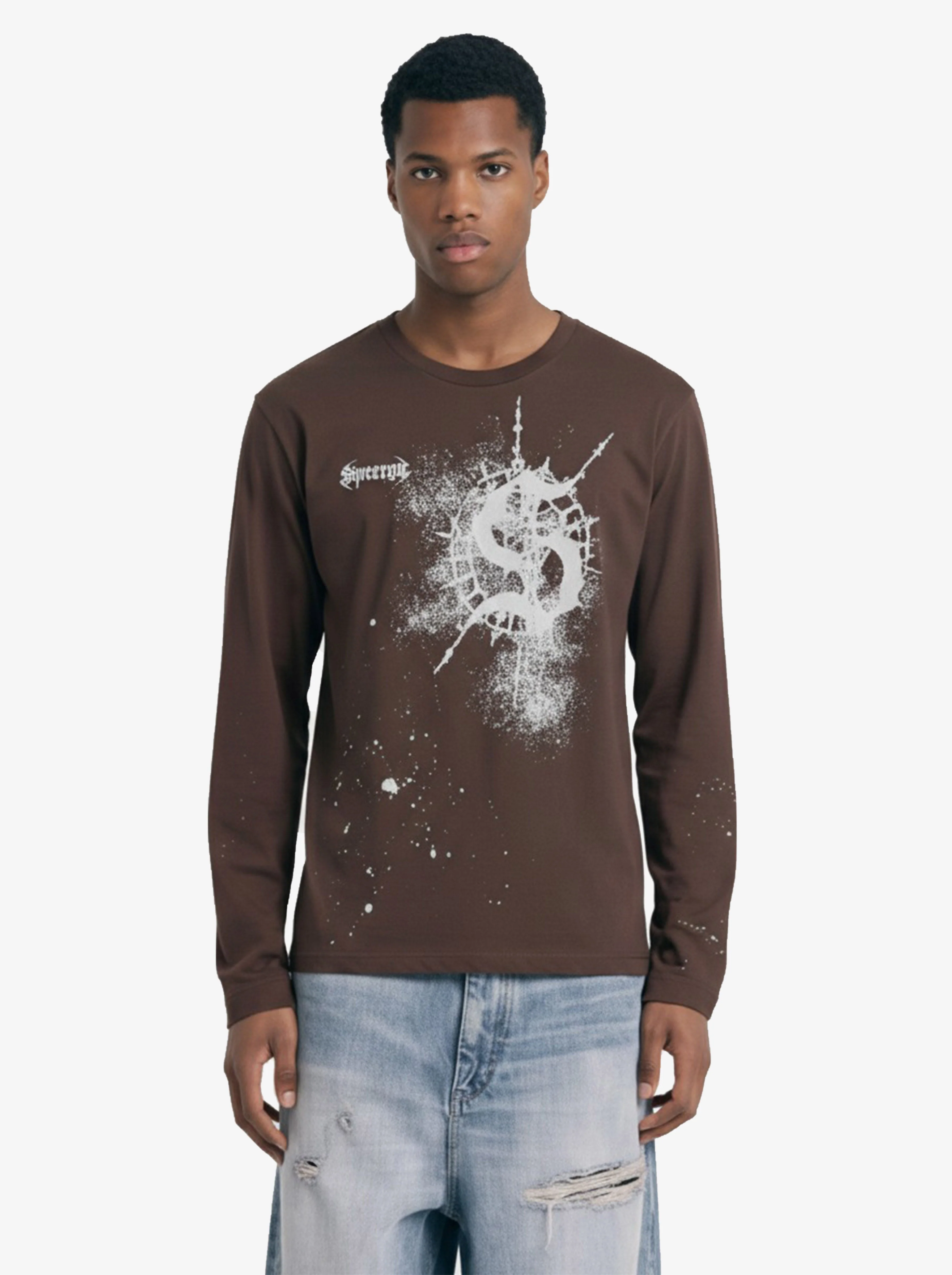Washed Cotton Paint-Splatter Logo Graphic Long Sleeve T-Shirt