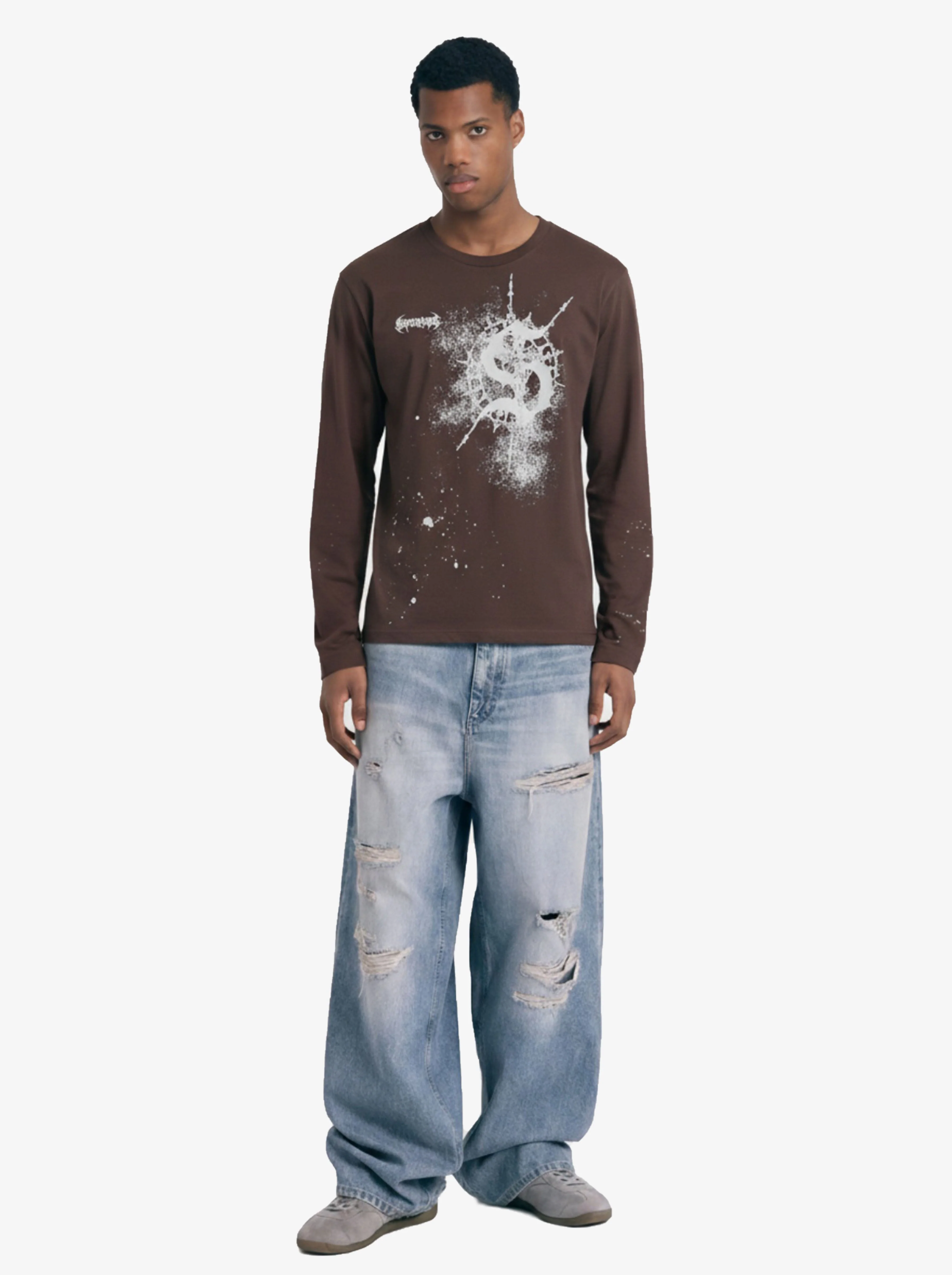 Washed Cotton Paint-Splatter Logo Graphic Long Sleeve T-Shirt - Image 4