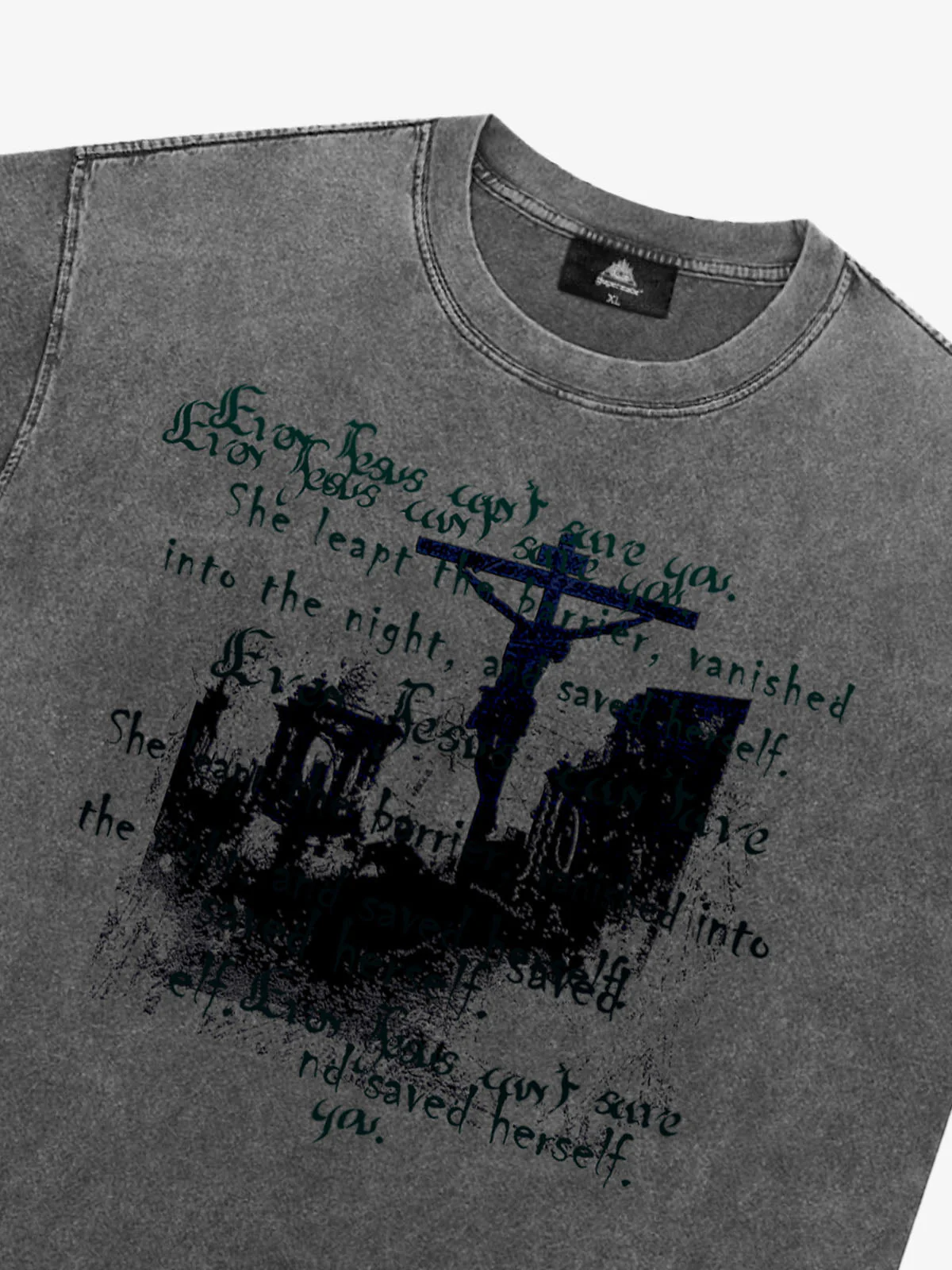 Washed Cross Overlay Text Graphic T-Shirt - Image 8