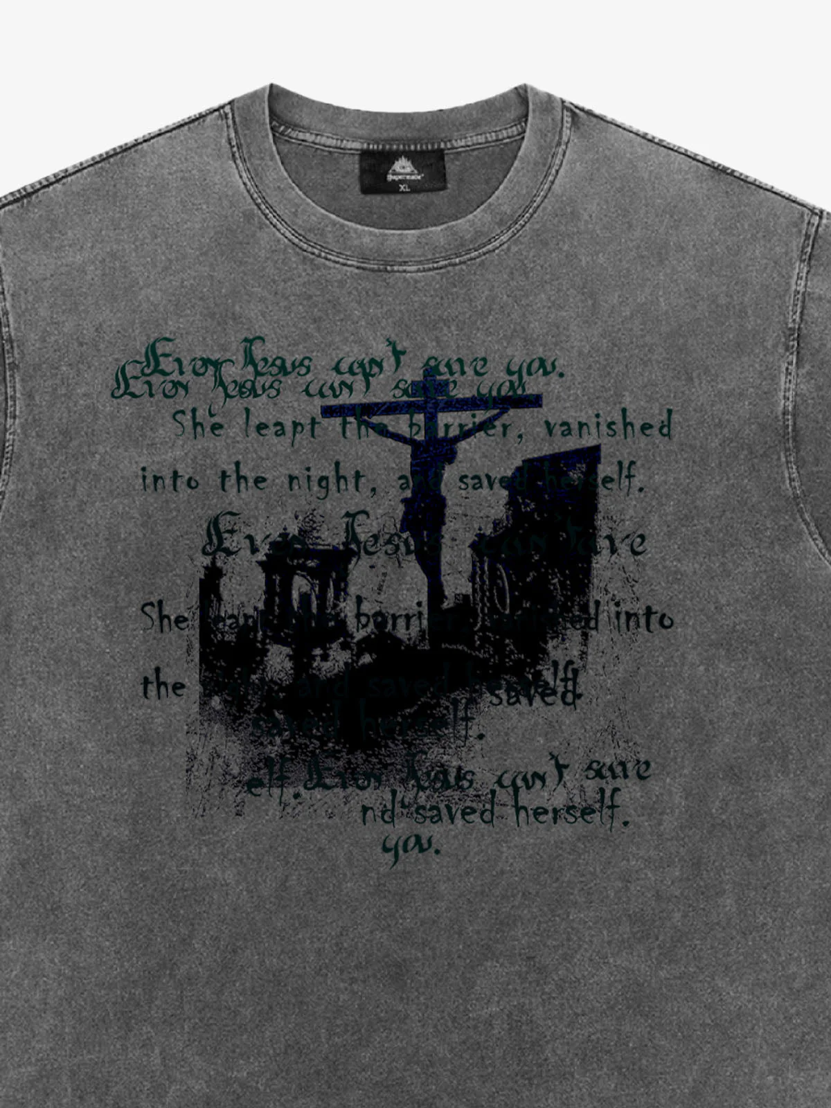 Washed Cross Overlay Text Graphic T-Shirt - Image 9