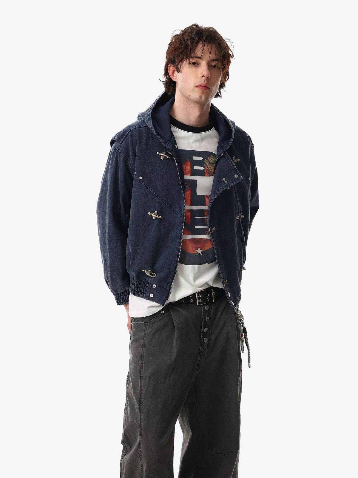 Washed Denim Metal Toggle Clasp Hooded Jacket - Image 7