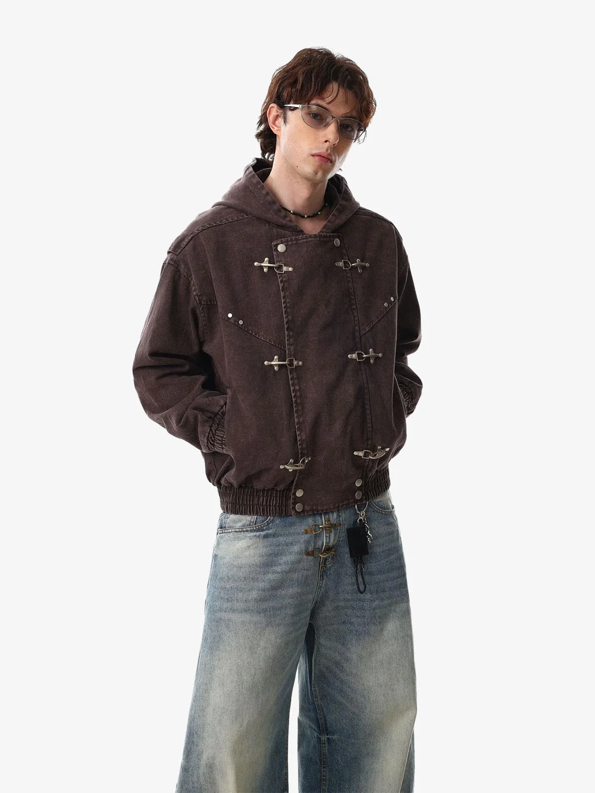 Washed Denim Metal Toggle Clasp Hooded Jacket - Image 8