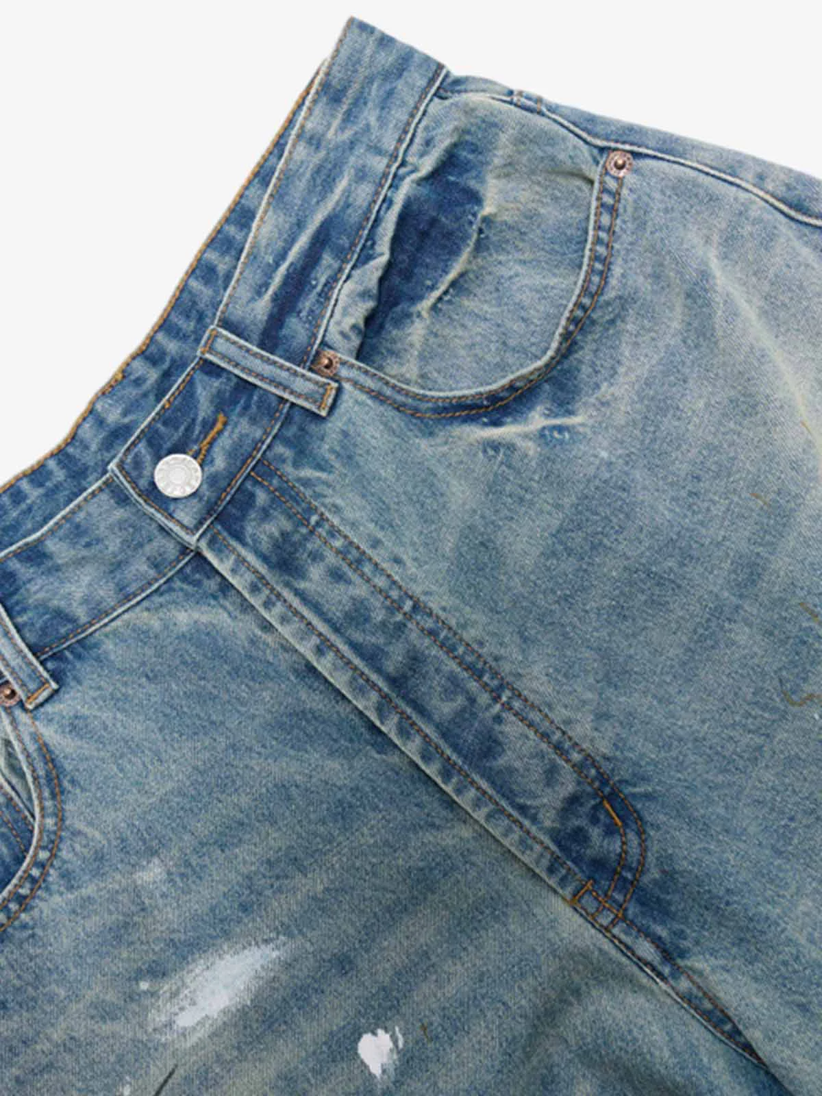 Washed Distressed Ink-Splashed Denim Shorts - Image 3