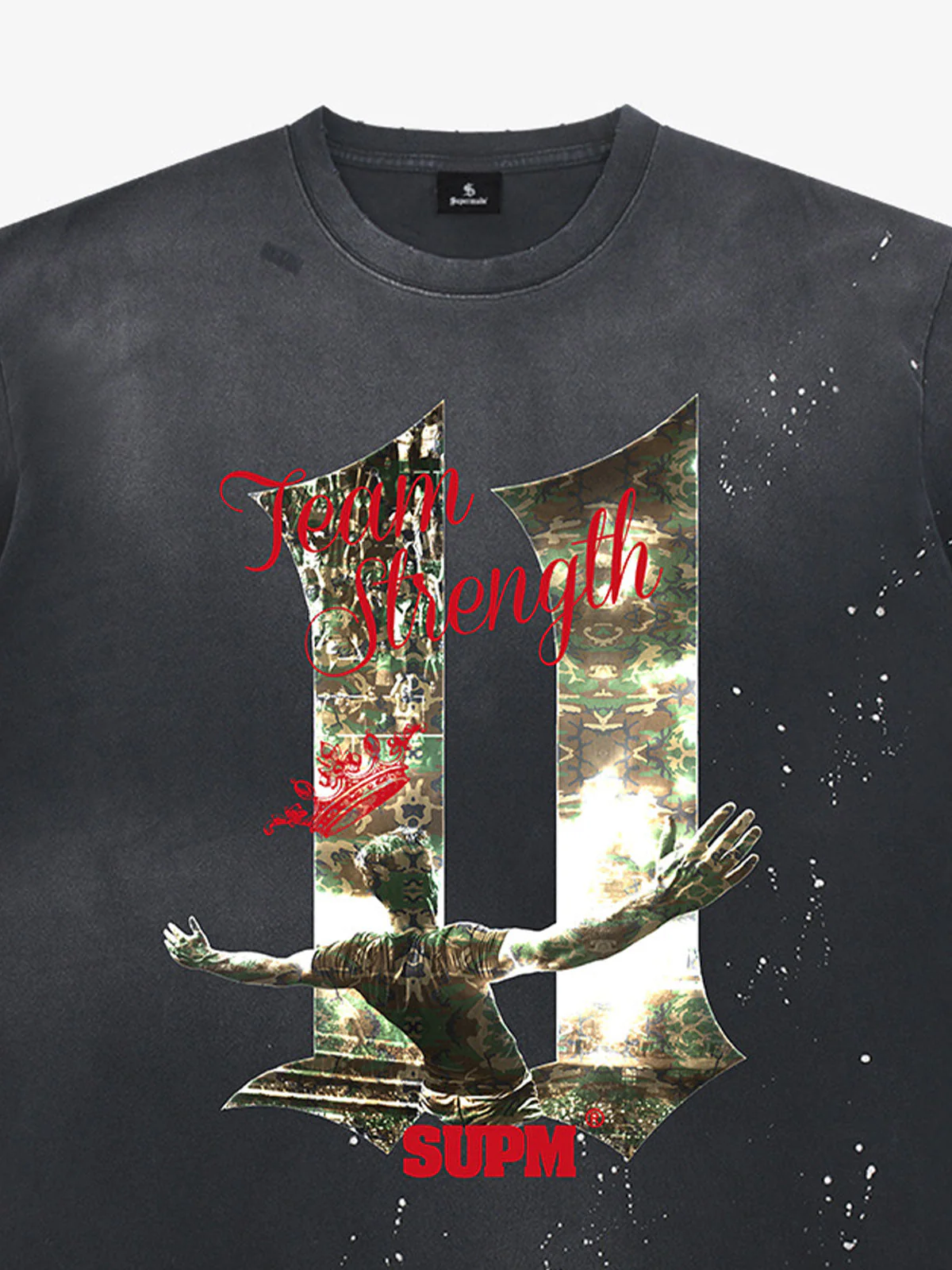 Washed Distressed "Team Strength 11" Graphic T-Shirt - Image 2