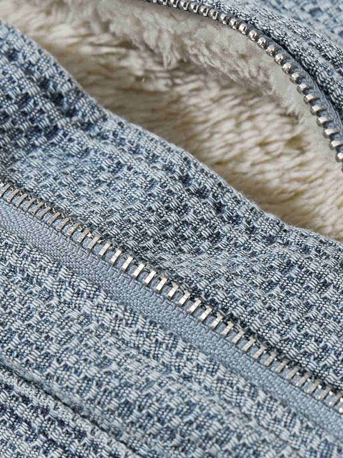 Washed Embroidered Fur-Lined Denim Bomber Jacket - Image 10
