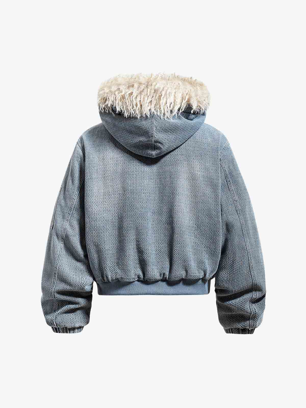 Washed Embroidered Fur-Lined Denim Bomber Jacket - Image 2
