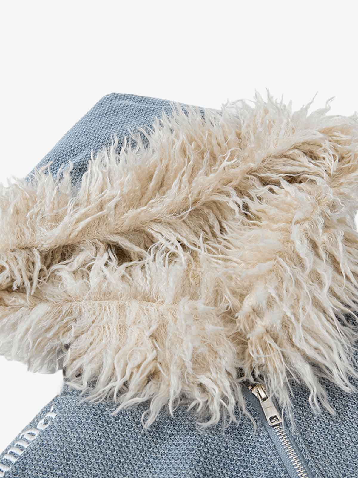 Washed Embroidered Fur-Lined Denim Bomber Jacket - Image 3